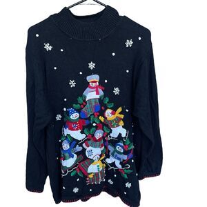 Vintage Christmas Sweater Womens Extra Large XL Black Snowman Embroidered 3D